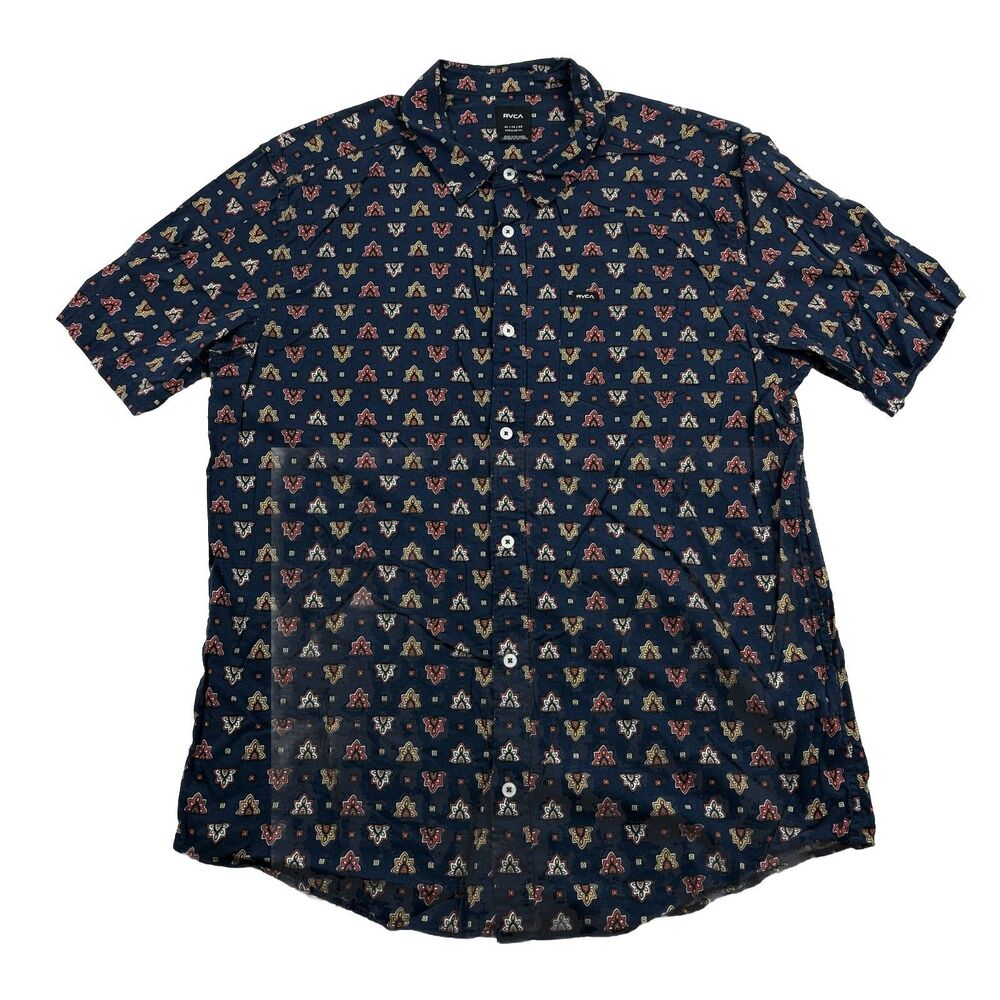 RVCA Button Up Shirt Mens XL All Over Print Short Sleeve Dark Blue